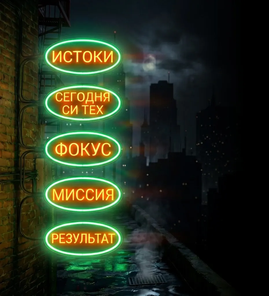 Неоновые вывески на кирпичной стене: Истоки, Сегодня «Си Тех», Фокус, Миссия, Результат